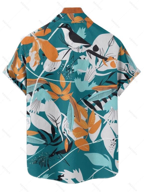 Chemise de Vacances Hawaii Boutonnée Motif de Feuille de Plante Tropicale à Manches Roulées pour Homme - multicolor 2XL