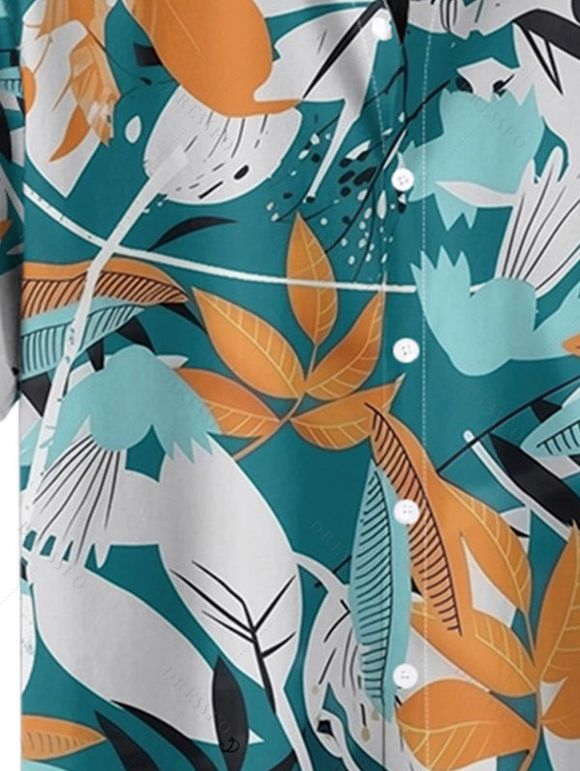 Chemise de Vacances Hawaii Boutonnée Motif de Feuille de Plante Tropicale à Manches Roulées pour Homme - multicolor 2XL