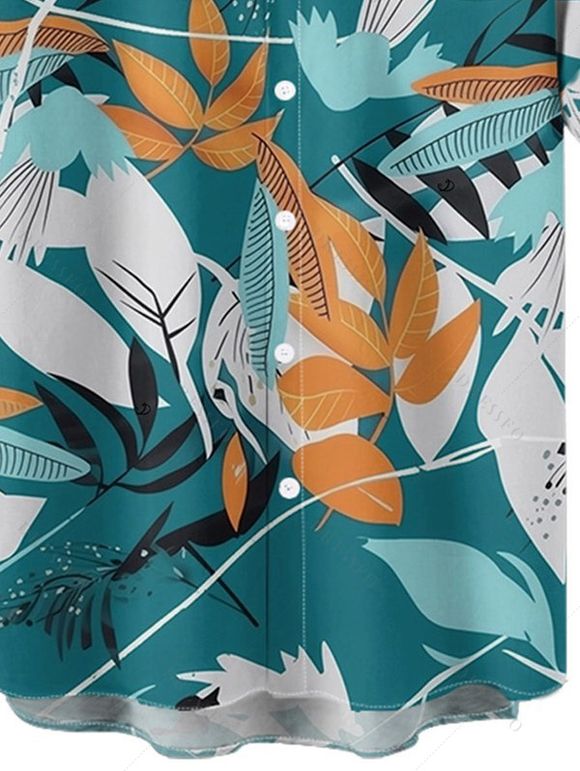 Chemise de Vacances Hawaii Boutonnée Motif de Feuille de Plante Tropicale à Manches Roulées pour Homme - multicolor 2XL