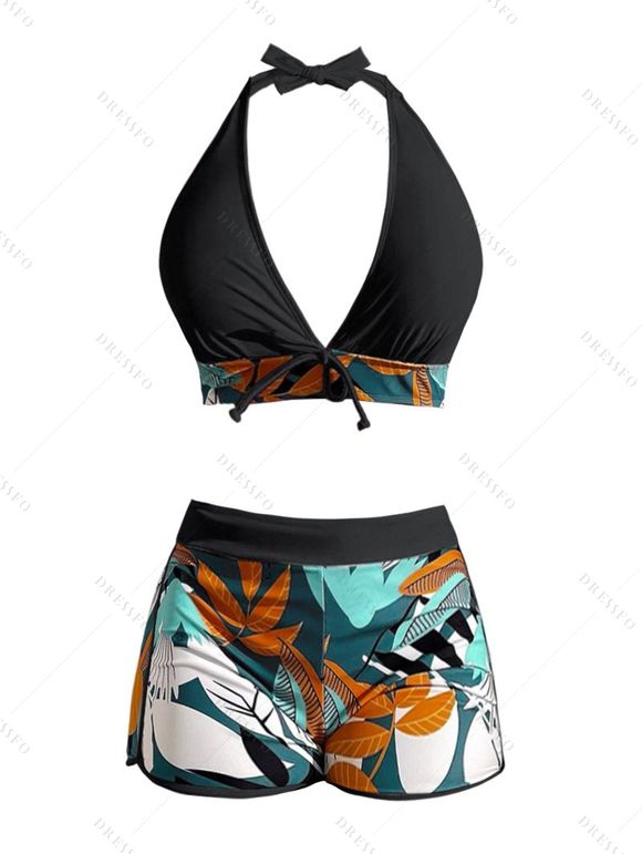 Hawaii Couple Outfit Plunging Bowknot Halter Neck Swim Top Tropical Plant Leaf Pattern Boyshorts Tankini Set and Roll Up Sleeve Shirt Vacation Outfit - Noir S | US 4
