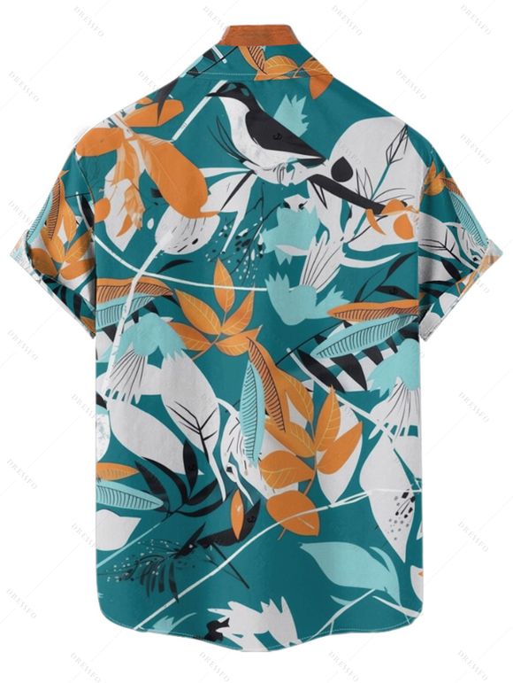 Hawaii Couple Outfit Plunging Bowknot Halter Neck Swim Top Tropical Plant Leaf Pattern Boyshorts Tankini Set and Roll Up Sleeve Shirt Vacation Outfit - Noir S | US 4