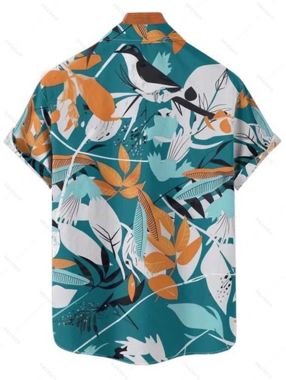 Hawaii Couple Outfit Plunging Bowknot Halter Neck Swim Top Tropical Plant Leaf Pattern Boyshorts Tankini Set and Roll Up Sleeve Shirt Drawstring Shorts Vacation Outfit - Noir S | US 4