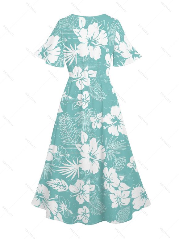 Robe D'Epingle de Vacances Mi-Longue Hibiscus Imprimée à Manches Bouffantes à Col V - Vert S | US 4