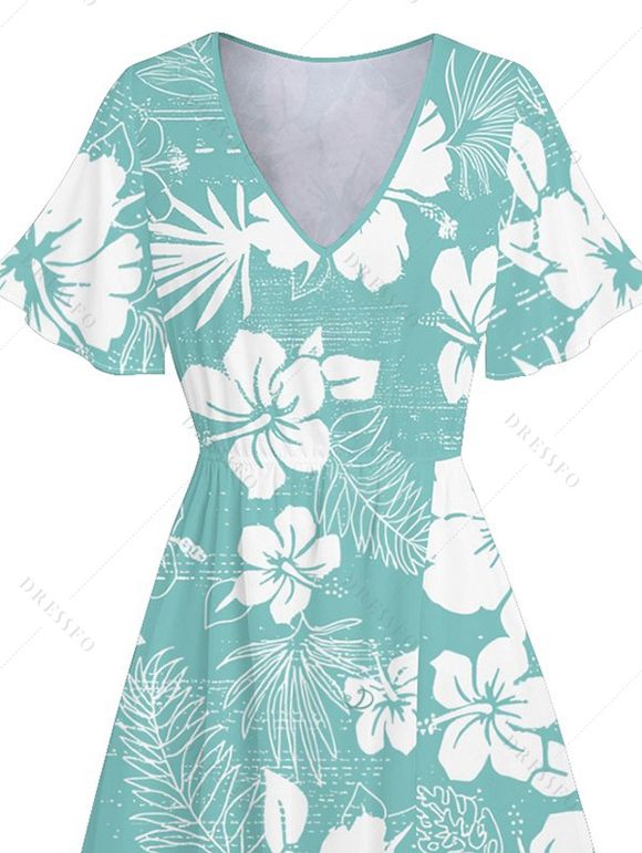 Robe D'Epingle de Vacances Mi-Longue Hibiscus Imprimée à Manches Bouffantes à Col V - Vert S | US 4