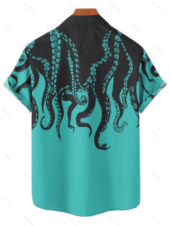 Chemise Décontractée Pieuvre avec Bouton à Manches Roulées - Vert L