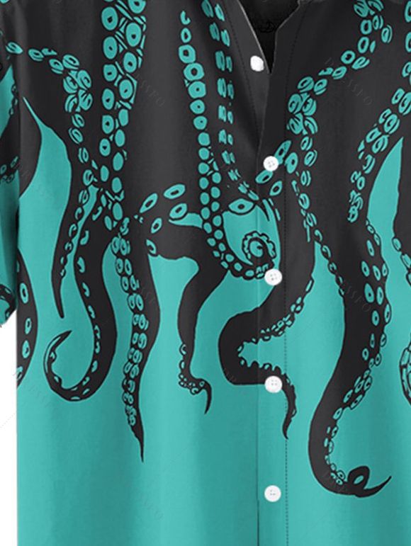 Chemise Décontractée Pieuvre avec Bouton à Manches Roulées - Vert L