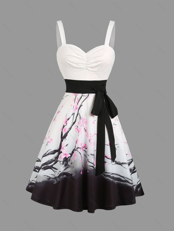 Sweetheart Neck Plum Blossom Ombre Print Belt Dress and Roll Up Sleeve Shirt Drawstring Beach Shorts Vocation Outfit - Blanc S | US 4