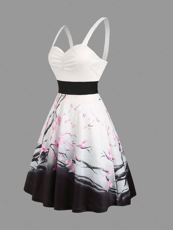 Sweetheart Neck Plum Blossom Ombre Print Belt Dress and Roll Up Sleeve Shirt Drawstring Beach Shorts Vocation Outfit - Blanc S | US 4