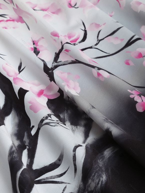 Sweetheart Neck Plum Blossom Ombre Print Belt Dress and Roll Up Sleeve Shirt Drawstring Beach Shorts Vocation Outfit - Blanc S | US 4