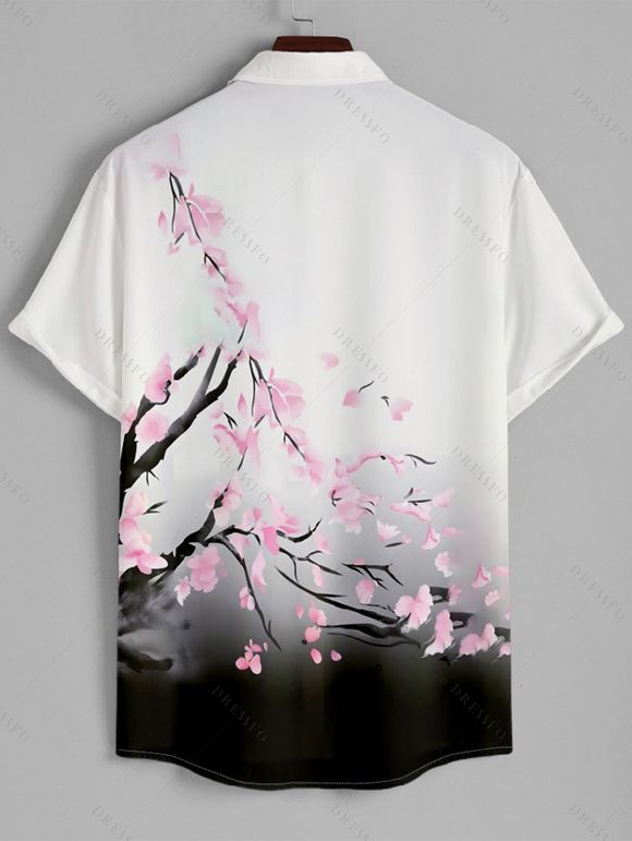 Sweetheart Neck Plum Blossom Ombre Print Belt Dress and Roll Up Sleeve Shirt Drawstring Beach Shorts Vocation Outfit - Blanc S | US 4