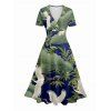 Oriental Style Crane Print V Neck Short Sleeve Surplice Dress High Waist A-line Dress - DEEP GREEN S | US 4