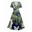 Oriental Style Crane Print V Neck Short Sleeve Surplice Dress High Waist A-line Dress - DEEP GREEN S | US 4
