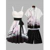 Sweetheart Neck Plum Blossom Ombre Print Belt Dress and Roll Up Sleeve Shirt Drawstring Beach Shorts Vocation Outfit - Blanc S | US 4