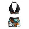 Hawaii Couple Outfit Plunging Bowknot Halter Neck Swim Top Tropical Plant Leaf Pattern Boyshorts Tankini Set and Roll Up Sleeve Shirt Drawstring Shorts Vacation Outfit - Noir S | US 4