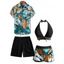 Hawaii Couple Outfit Plunging Bowknot Halter Neck Swim Top Tropical Plant Leaf Pattern Boyshorts Tankini Set and Roll Up Sleeve Shirt Drawstring Shorts Vacation Outfit - LIGHT GREEN S | US 4