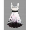 Sweetheart Neck Plum Blossom Ombre Print Belt Dress and Roll Up Sleeve Shirt Drawstring Vocation Outfit - Blanc S | US 4