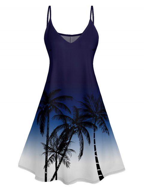 Mini Robe Ligne A Ombrée Motif de Cocotier à Bretelle Fine