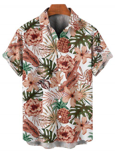 Chemise de Plage Motif de Feuille Florale Boutonnée à Manches Courtes