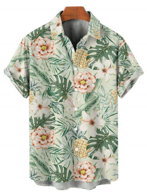 Chemise de Plage Motif de Feuille Florale Boutonnée à Manches Courtes