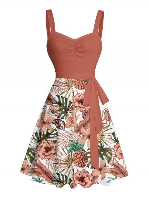 Mini Robe de Plage Ligne A Fleurie Feuille Tropicale Imprimée Partout à Volants