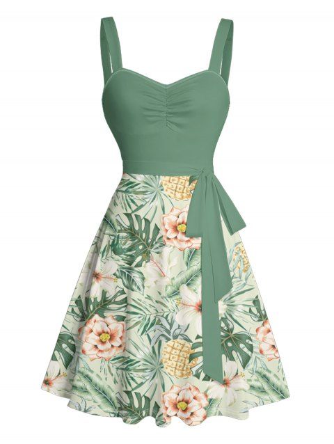 Mini Robe de Plage Ligne A Fleurie Feuille Tropicale Imprimée Partout à Volants