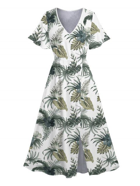 Robe de Vacances Ligne A Fendue Motif de Feuille D'Hibiscus et de Fleur