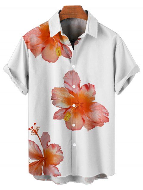 Chemise Décontractée Motif D'Hibiscus et de Vacances Boutonnée à Manches Courtes