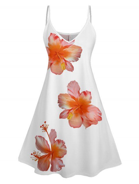 Mini Robe Ligne A Motif D'Hibiscus à Bretelle Fine