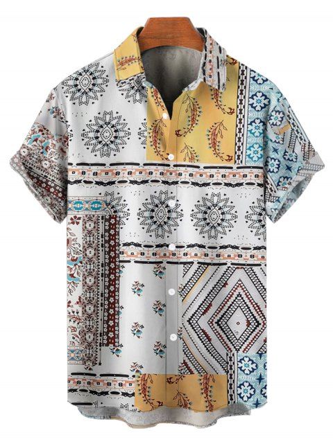 Chemise de Vacances Motif de Cachemire Boutonnée en Blocs de Couleurs à Manches Courtes Style Bohémien pour Homme