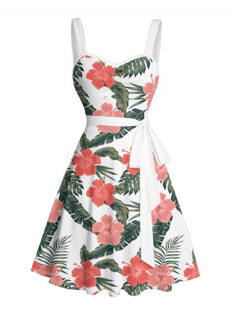 Mini Robe de Vacances Ligne A Décontractée Motif de Feuille D'Hibiscus à Lacets