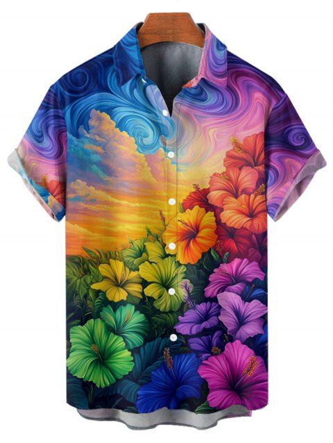 Chemise Décontractée Peinture à L'Huile Fleurie Boutonnée à Manches Courtes pour Homme