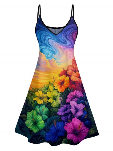 Oil Painting Hibiscus Floral Pattern Vacation Dress Spaghetti Strap V Neck A Line Mini Casual Tank Dress