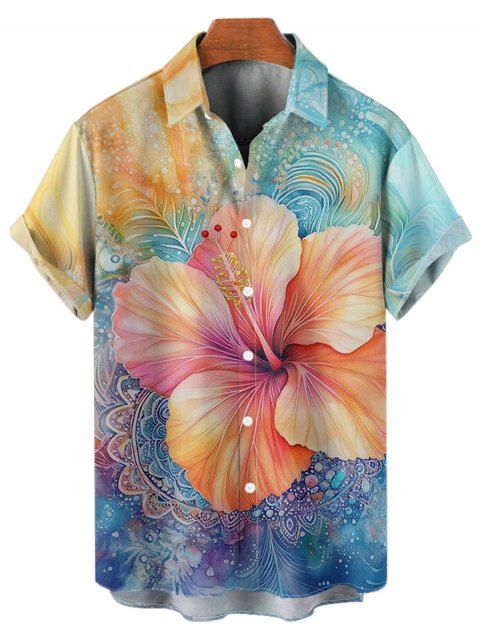 Chemise de Vacances Décontractée Motif D'Hibiscus en Couleur Contrastée Boutonnée à Manches Courtes
