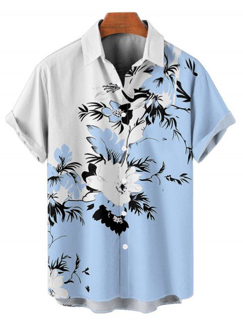 Chemise de Vacances Décontractée en Couleur Contrastée Motif de Feuille Boutonnée à Manches Courtes