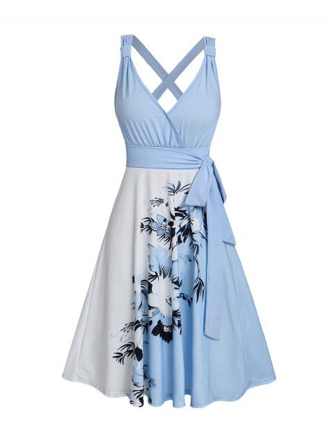 Floral Leaf Pattern Contrast Color V Neck Surplice Vacation Dress High Waisted A Line Belt Casual Dress