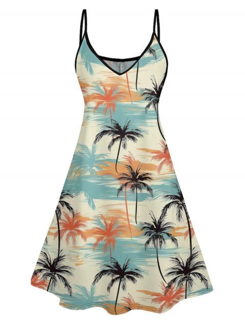 Mini Robe Ligne A Motif de Cocotier Colorée à Bretelle Fine