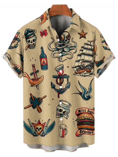 Chemise de Vacances Vintage Motif de Hamburger Crâne et Verre de Vin à Manches Roulées