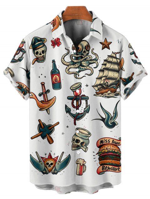 Chemise de Vacances Vintage Motif de Hamburger Crâne et Verre de Vin à Manches Roulées