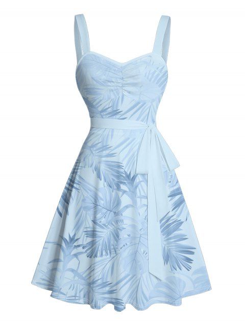 Mini Robe de Vacances Ligne A Motif de Feuille Tropicale sans Manches