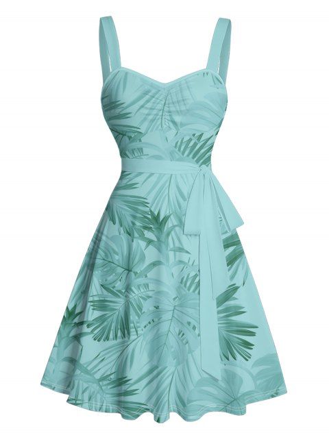 Mini Robe de Vacances Ligne A Motif de Feuille Tropicale sans Manches