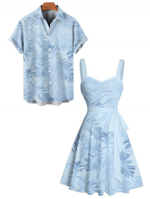 Vacation Couple Outfit Allover Tropical Plant Leaf Pattern Ruched Bust Belt Sweetheart Neck A Line Mini Dress and Roll Up Sleeve Shirt Casual Matching Outfit