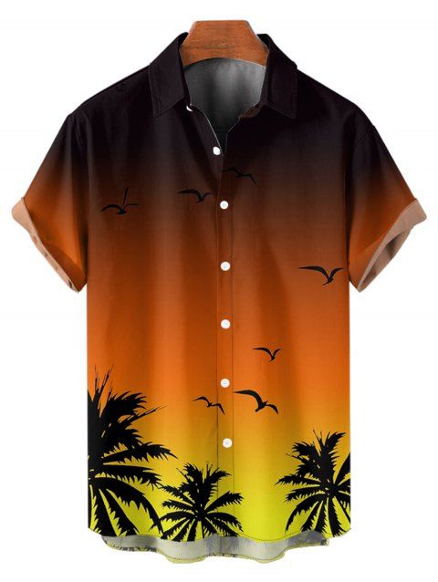 Chemise de Plage Jointif Motif Mouettes et Cocotier à Manches Roulées pour Hommes