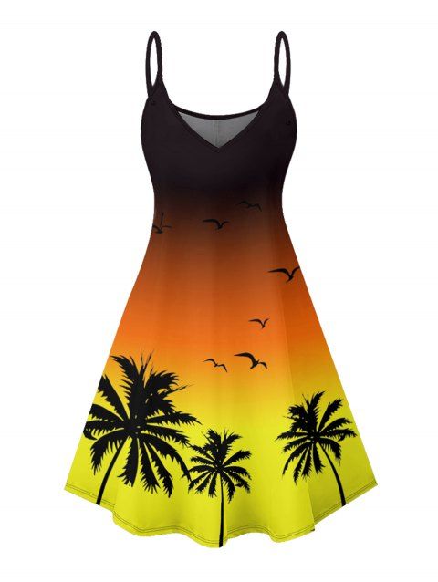 Mini Robe Ligne A Ombrée Motif de Mouettes et de Cocotier à Bretelle Fine