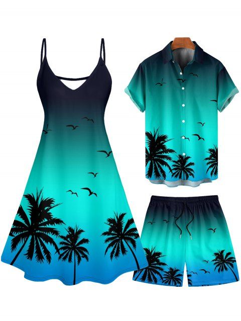 Vacation Couple Outfit Ombre Coconut Tree Seagulls Pattern Spaghetti Strap A Line Tank Dress and Roll Up Sleeve Shirt Drawstrings Shorts Beach Matching Outfit