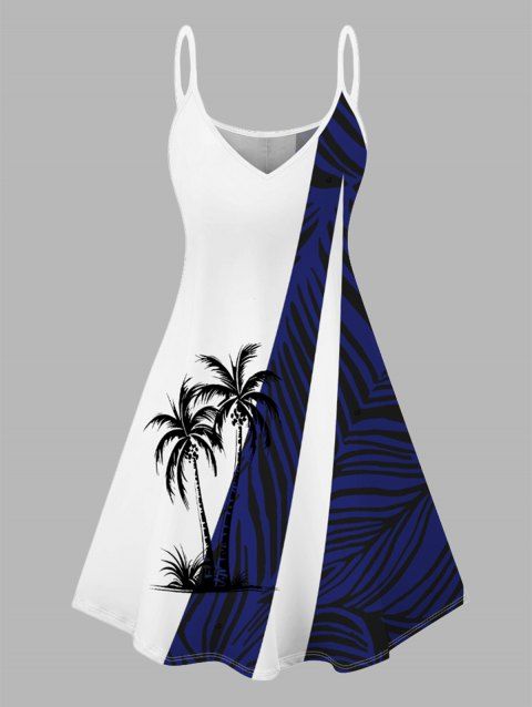 Mini Robe Ligne A à Bretelle Fine Motif de Feuille Arbre de Noix de Coco à Col V