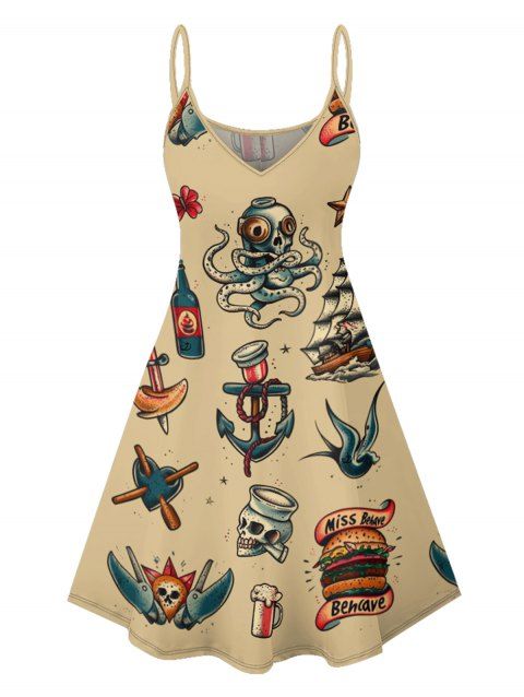 Mini Robe de Vacances Vintage Motif de Crâne et de Roche à Bretelle Fine