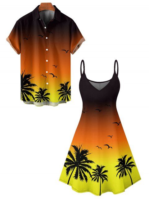 Vacation Couple Outfit Ombre Coconut Tree Seagulls Pattern Spaghetti Strap V Neck A Line Mini Tank Dress and Roll Up Sleeve Shirt Beach Matching Outfit
