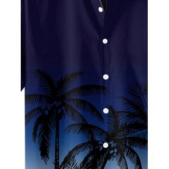 Men's Ombre Coconut Tree Pattern Vacation Shirt Roll Up Short Sleeve Button Up Casual Shirt