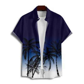 Vacation Couple Outfit Ombre Coconut Tree Pattern Spaghetti Strap V Neck A Line Mini Tank Dress and Roll Up Sleeve Shirt Beach Two Piece Set