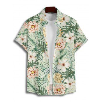 Vacation Couple Outfit Allover Tropical Floral Leaf Print Ruched Bust Belt A Line Mini Dress and Roll Up Sleeve Shirt Beach Two Piece Set